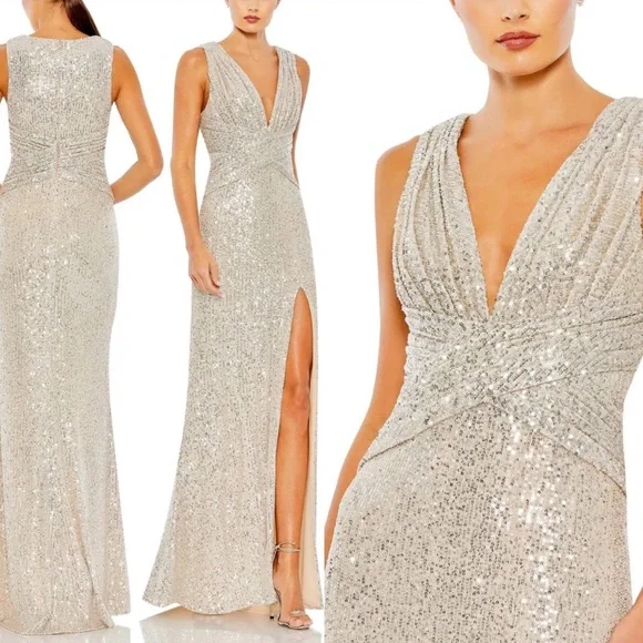IEENA MAC DUGGAL NUDE SILVER FORMAL DRESS GOWN SEQUIN EMBELLISHED WOMEN’S SZ 12 - Picture 1 of 13